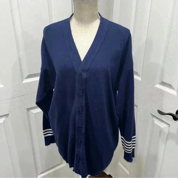 Joan Vass USA navy blue with white stripes nautical beachy cardigan button front - Picture 8 of 9